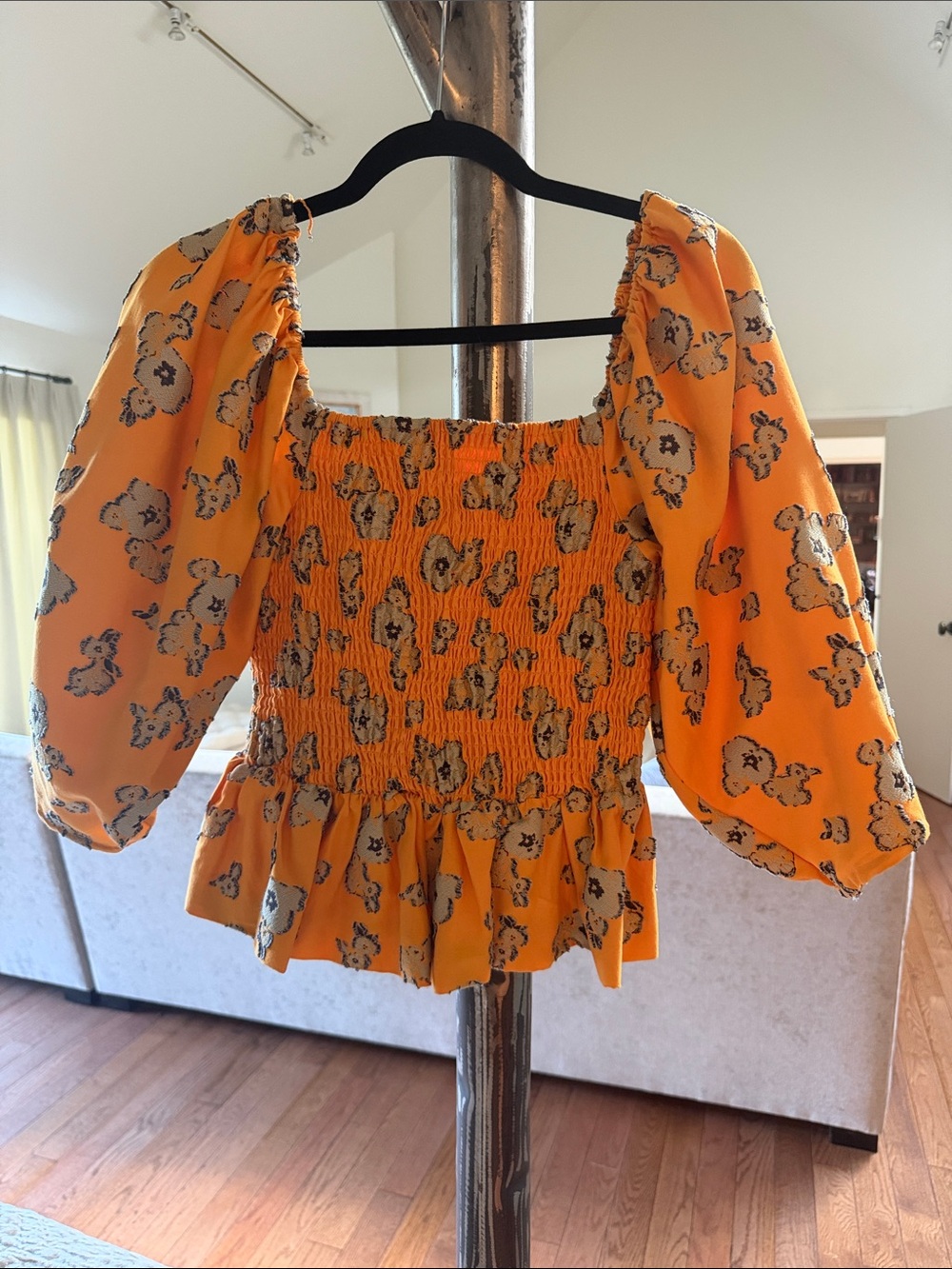 Tanya Taylor Marigold Floral Smocked Puff-Sleeve Peplum Top